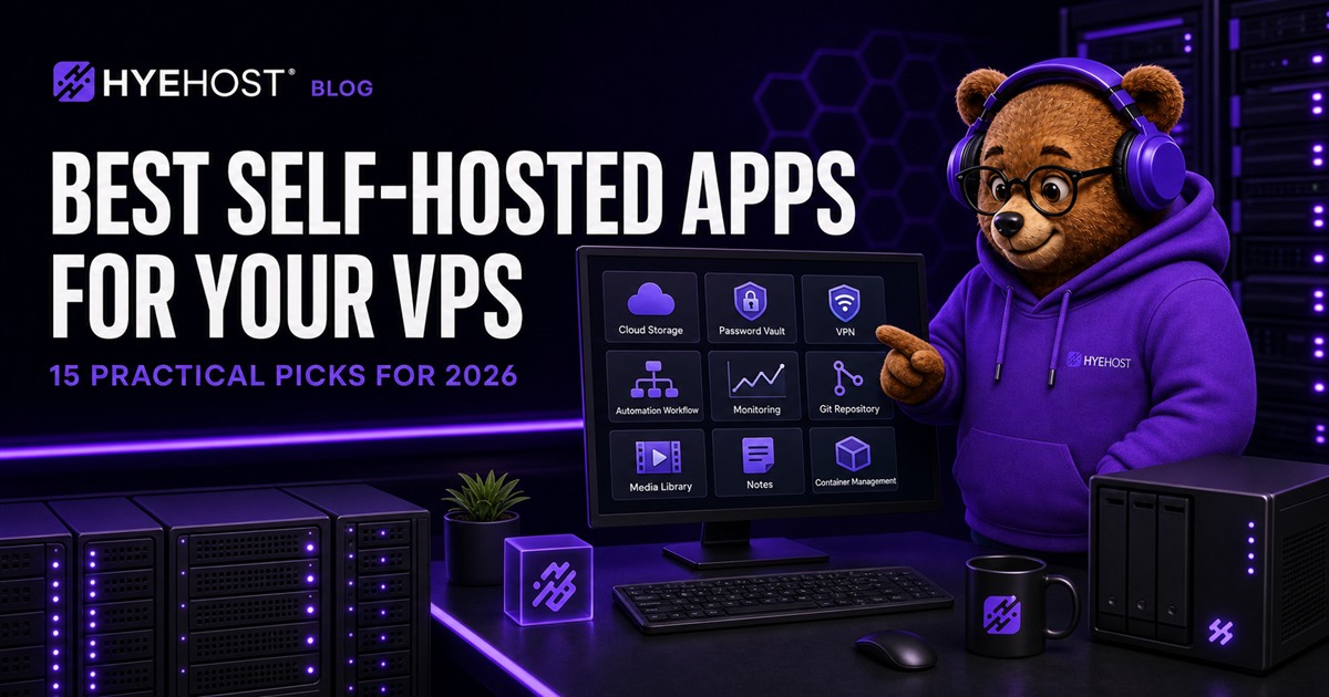 HYEHOST mascot choosing practical self-hosted applications from a VPS dashboard