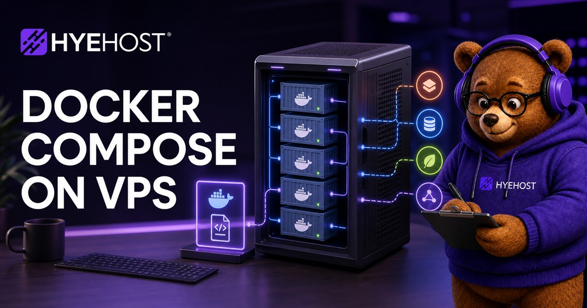 Docker Compose services arranged on a HYEHOST VPS with app containers and storage volumes