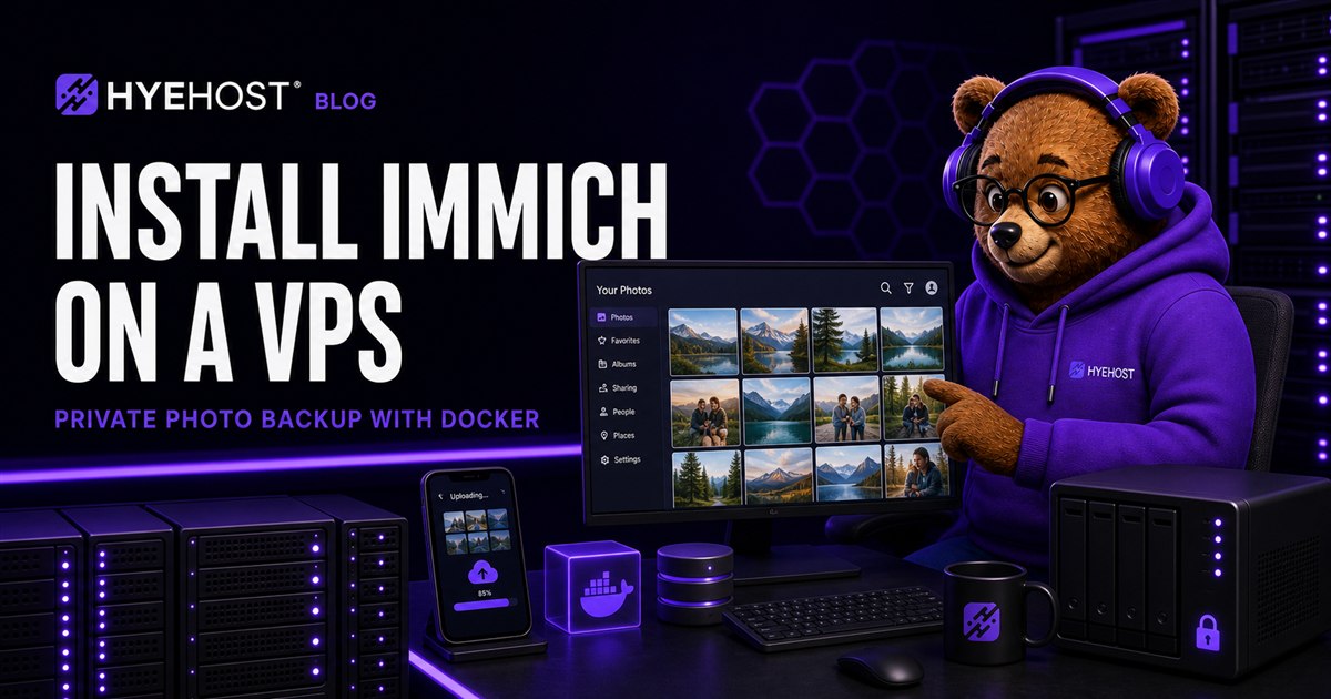 HYEHOST mascot managing a private Immich photo library and Docker backup server