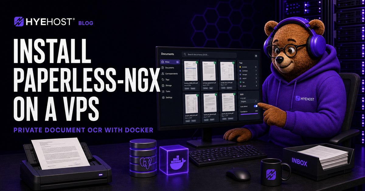 HYEHOST mascot scanning documents into a private Paperless-ngx OCR archive on a VPS