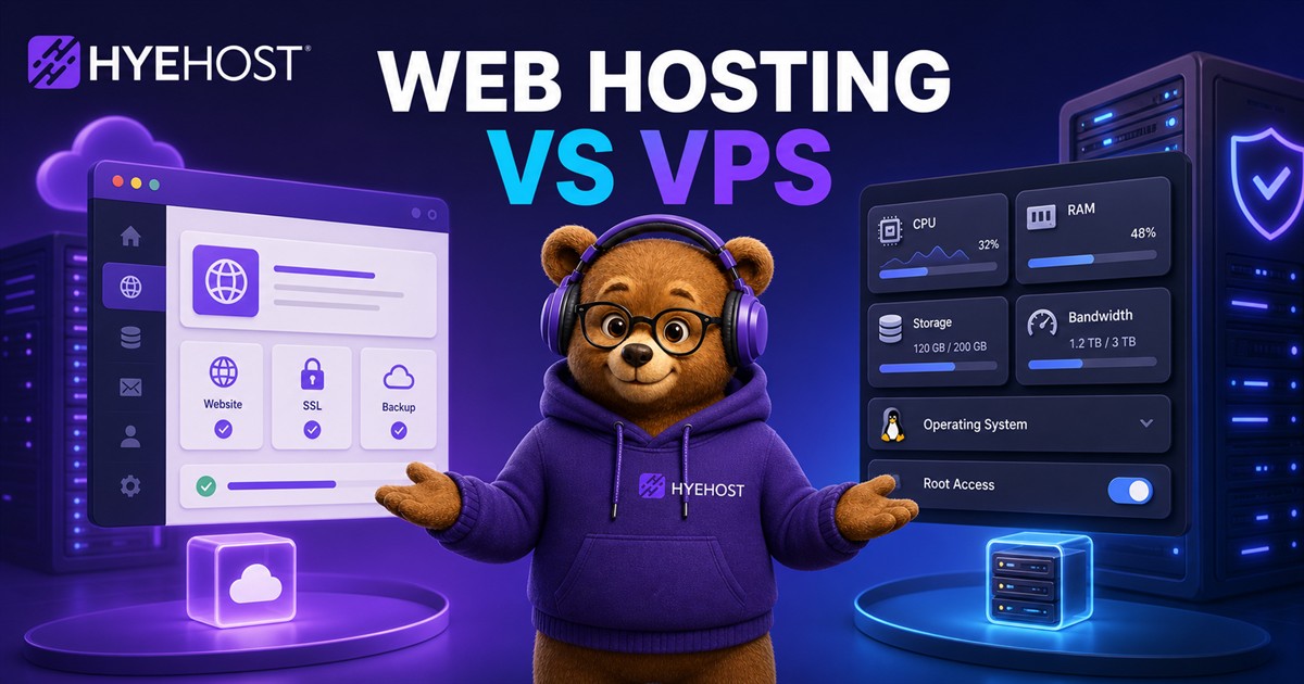 HYEHOST web hosting versus VPS hosting guide showing cPanel websites SEO speed security and server scaling paths