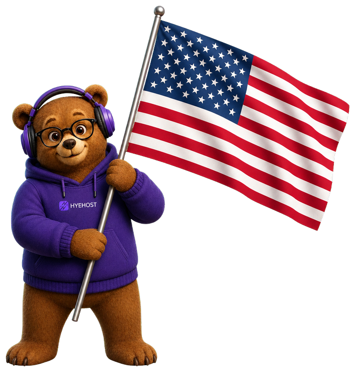 HYEHOST mascot holding an accurate United States flag