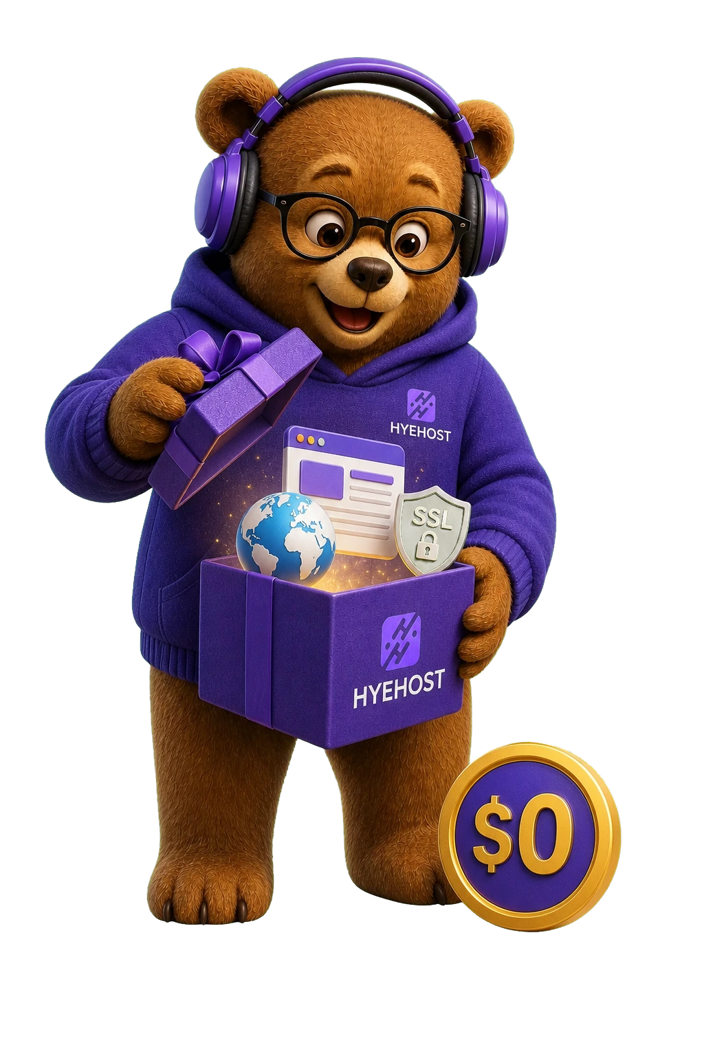 HYEHOST free hosting mascot opening a website gift