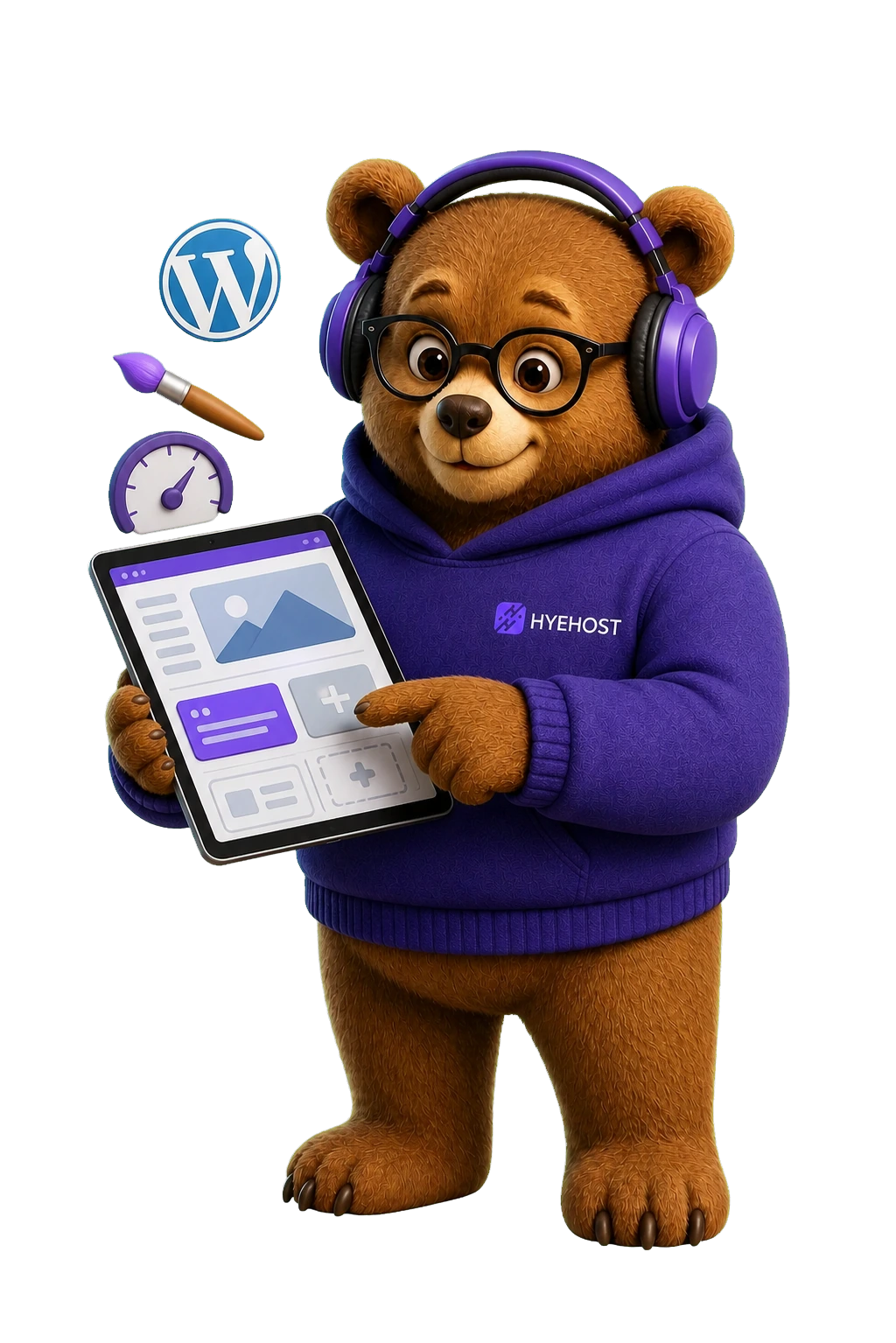 HYEHOST WordPress hosting mascot building a website