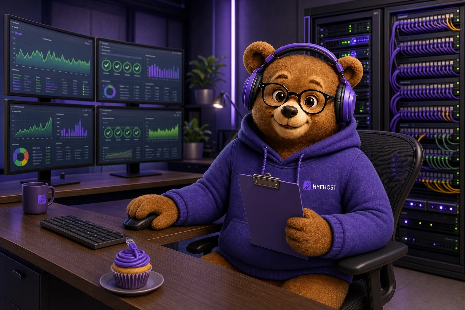 HYEHOST mascot working in a network operations centre for SysAdmin Day