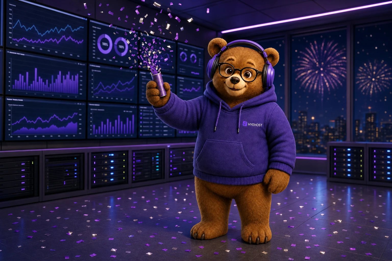 HYEHOST mascot celebrating New Year in a network operations room