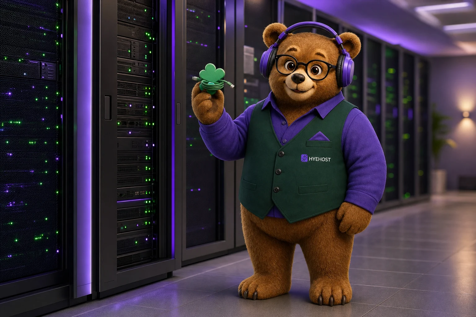 HYEHOST mascot with green network status lights for St Patrick's Day